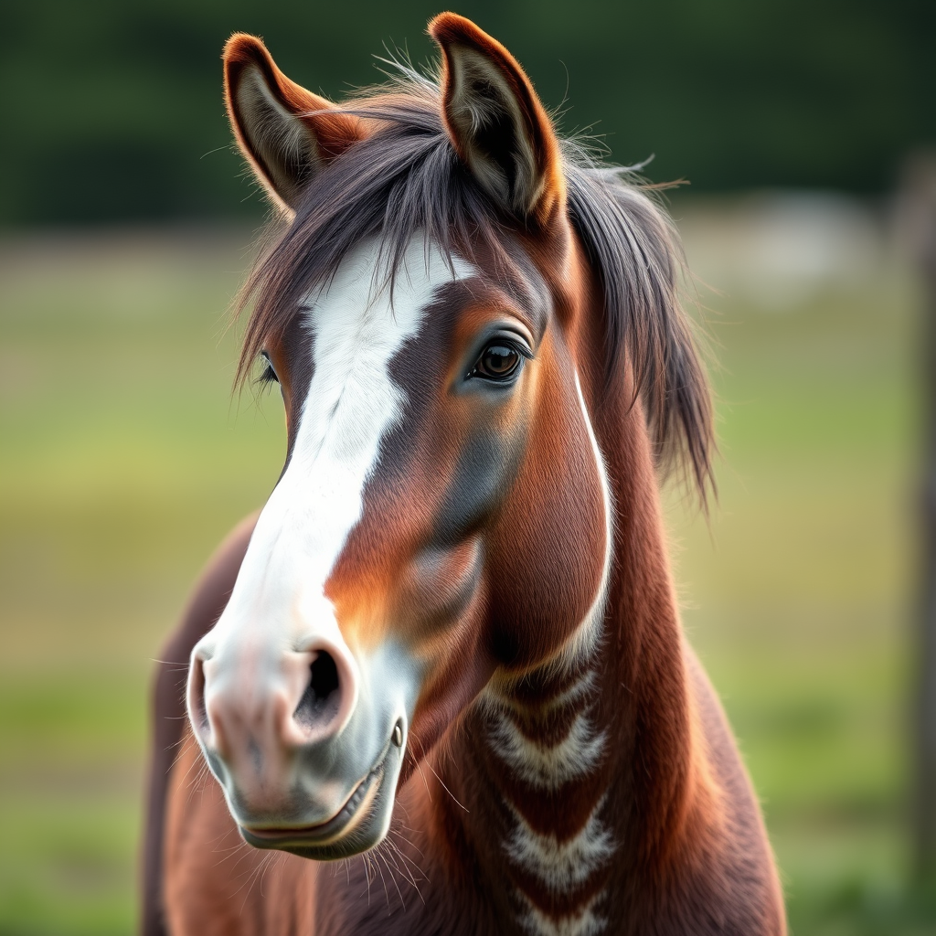 Main logo studio: sweet, baby clydesdale facing to the side bulky head dark big eyes long lases, velvety muzzle, and mouth in a small smile head has a sweet white blaze
