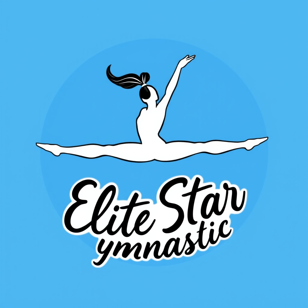 Main logo studio: make a blue circle bbackround with a white figure in the middle with a ponytail jhair style gliding from her head and she is doing a split leap with o