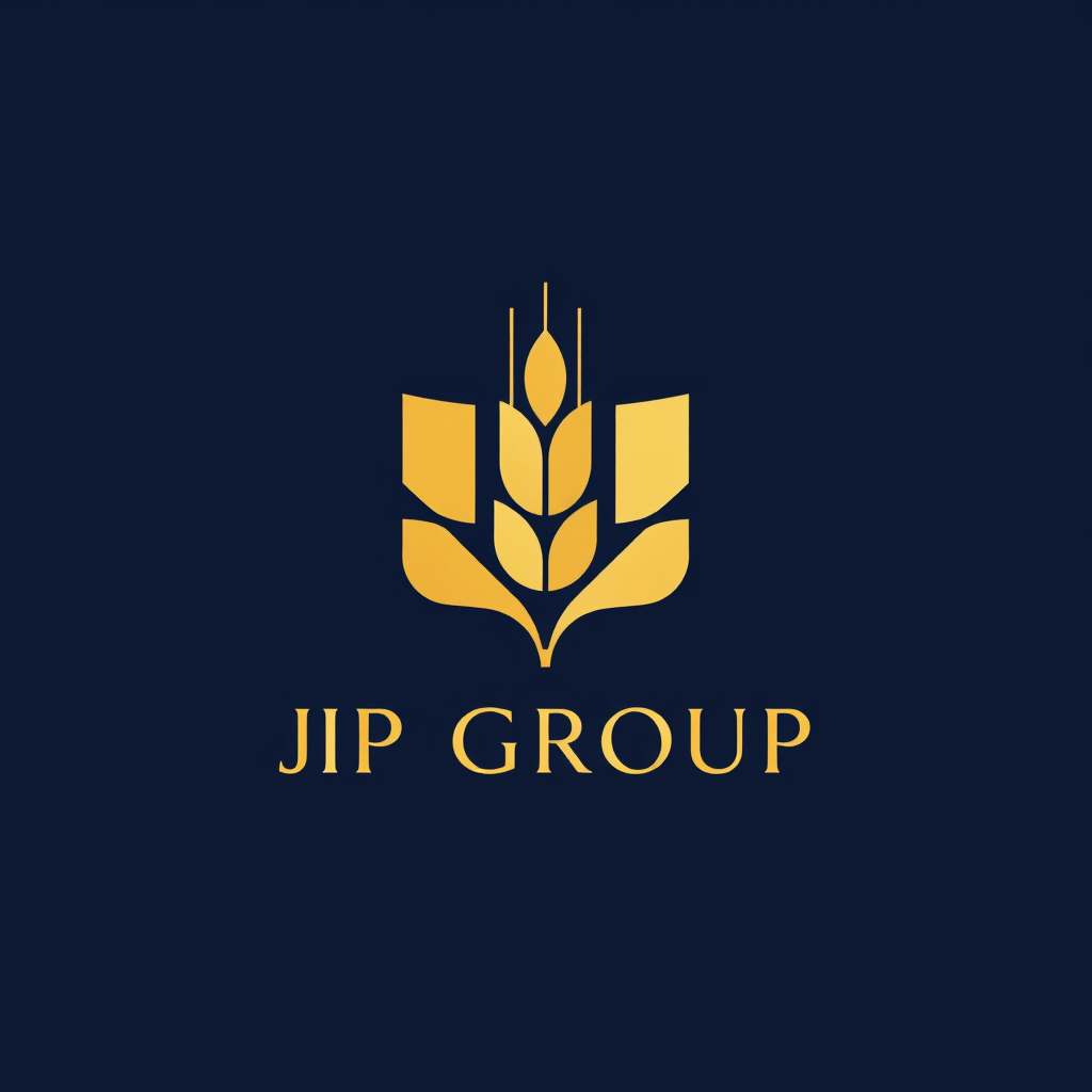 Main logo studio: Minimal luxury logo for JP Group, abstract wheat symbol merged with modern geometric shapes, premium corporate identity, navy blue and gold, flat vect