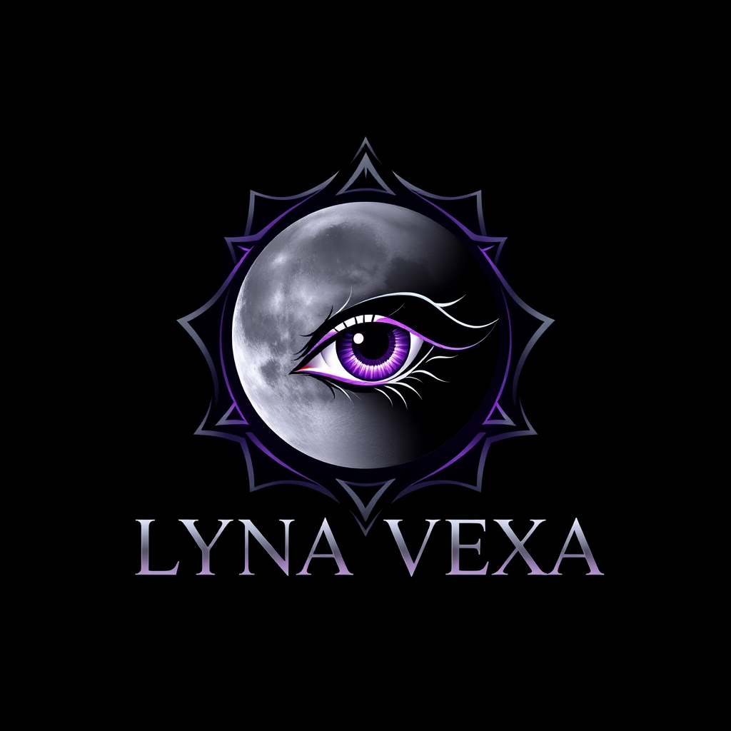 Main logo studio: LYNA VEXA — dark cosmic luxury logo, glowing full moon, mysterious celestial eye, black background, silver and violet accents, elegant futuristic lett