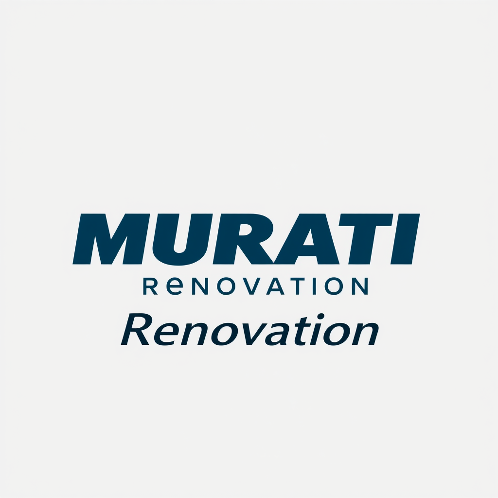 Main logo studio: Logo "MURATI Rénovation" écrit en lettres dorées sur un fond blanc avec quelques carreaux octogonaux multicolores en couleurs vives