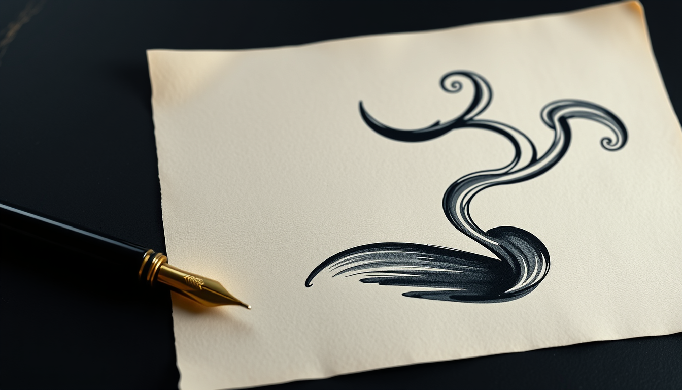 Main logo studio: Design a premium 2560x1440 YouTube banner for a creative writing channel. Show a realistic vintage fountain pen writing on an open sheet of paper, wit