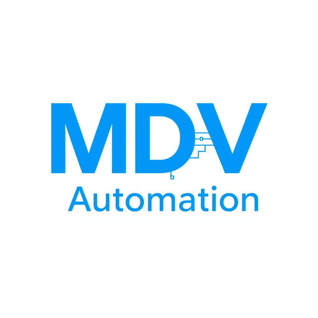 Main logo studio: Create a professional logo with “MDV” in large bold blue letters as the main text. Place “Automation” directly below MDV in a smaller clean blue font.