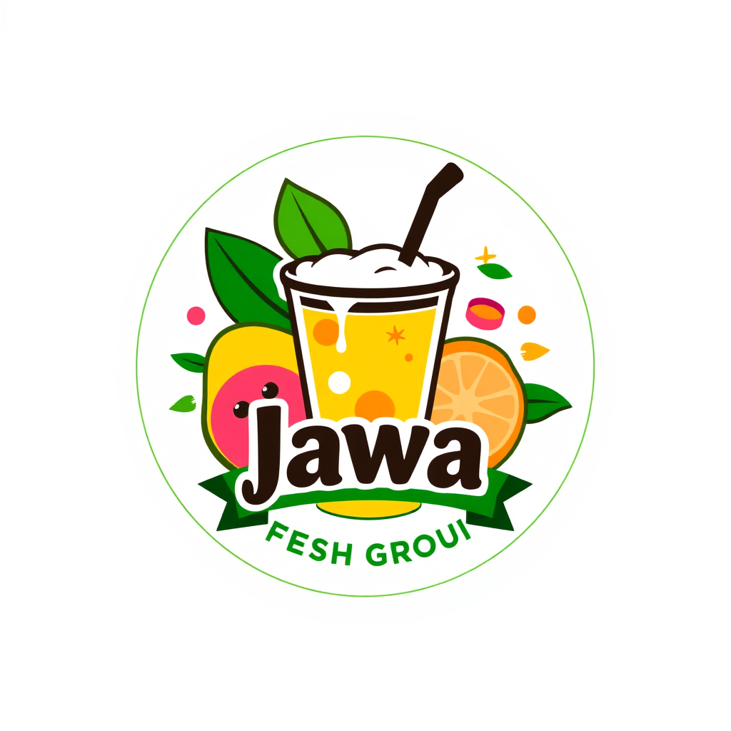 Main logo studio: Jawa Fresh Group, modern Indonesian beverage brand logo. Create a bold fresh emblem featuring a stylized colorful drink cup surrounded by simple tropi