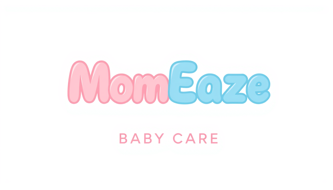 Wordmark Logo idea: wordmark logo of Flat vector logo for baby care brand 'MomEaze'. Thick, uniform, rounded bubble-style lowercase wordmark: 'Mom' in soft pink (#E88BA8)
