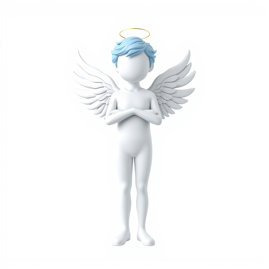 Main logo studio: Full-body angel mascot, standing perfectly straight and facing forward, entire body visible, no face or facial features, no halo, light-blue head/hair