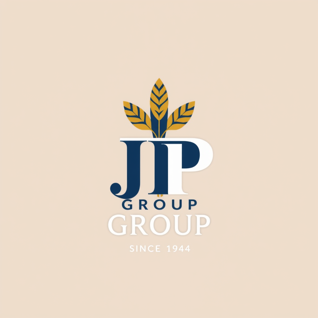 Main logo studio: Design a premium, timeless logo for JP Group (Since 1944), representing Food Milling, Real Estate, and Investments. Create a unique JP monogram with s