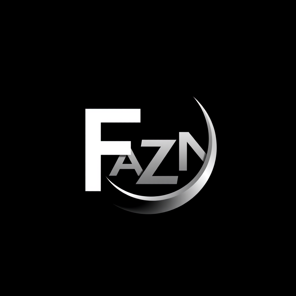 Main logo studio: Premium minimalist emblem logo for “ FAZN”. Create a powerful custom symbol using the letters “F A Z N "merged with a crescent moon. Black circular ba