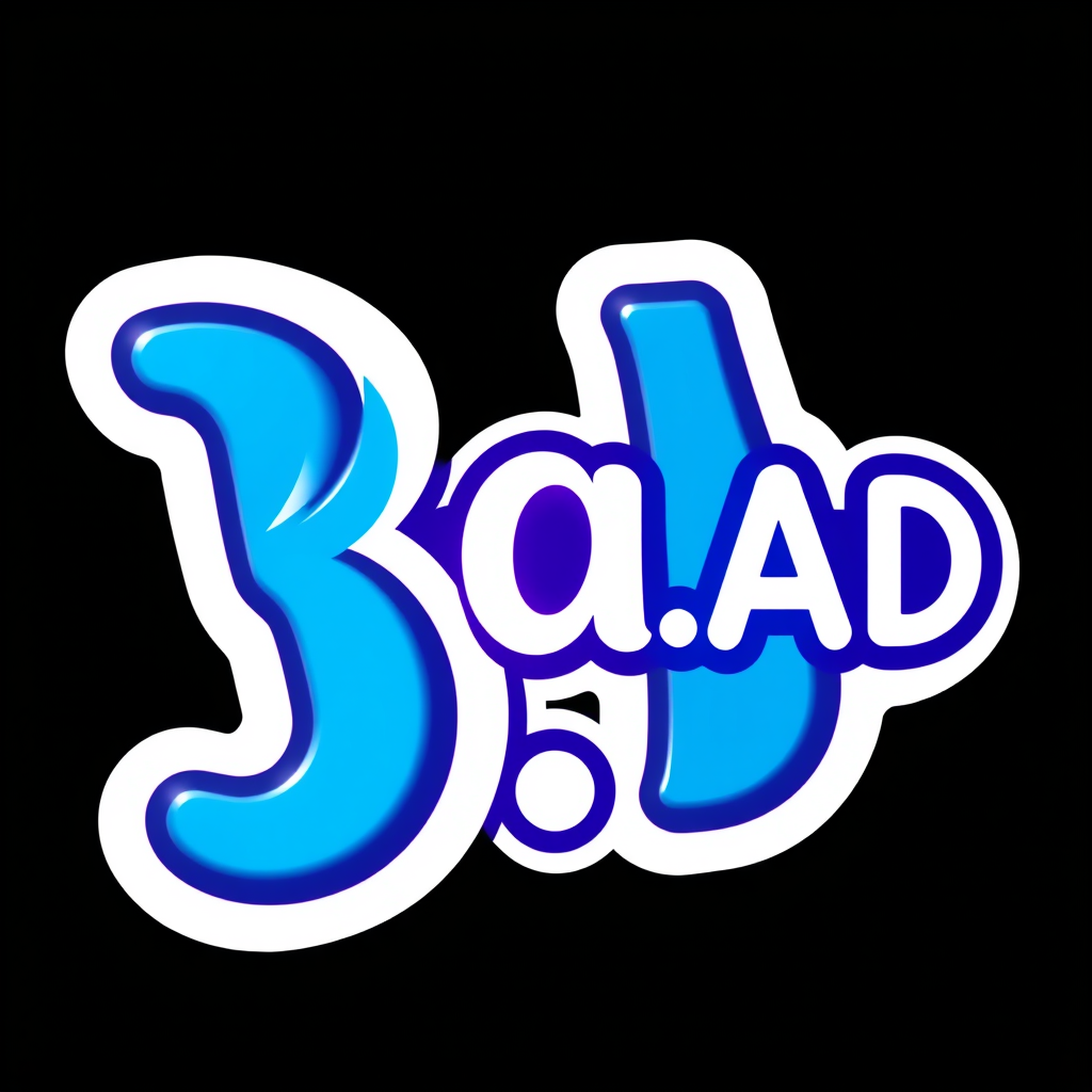 Main logo studio: Brand name B.A .D , reflective dark style colours, letter tipografi easy to read , diferent from common AI makers , with shape to make a sticker, curv