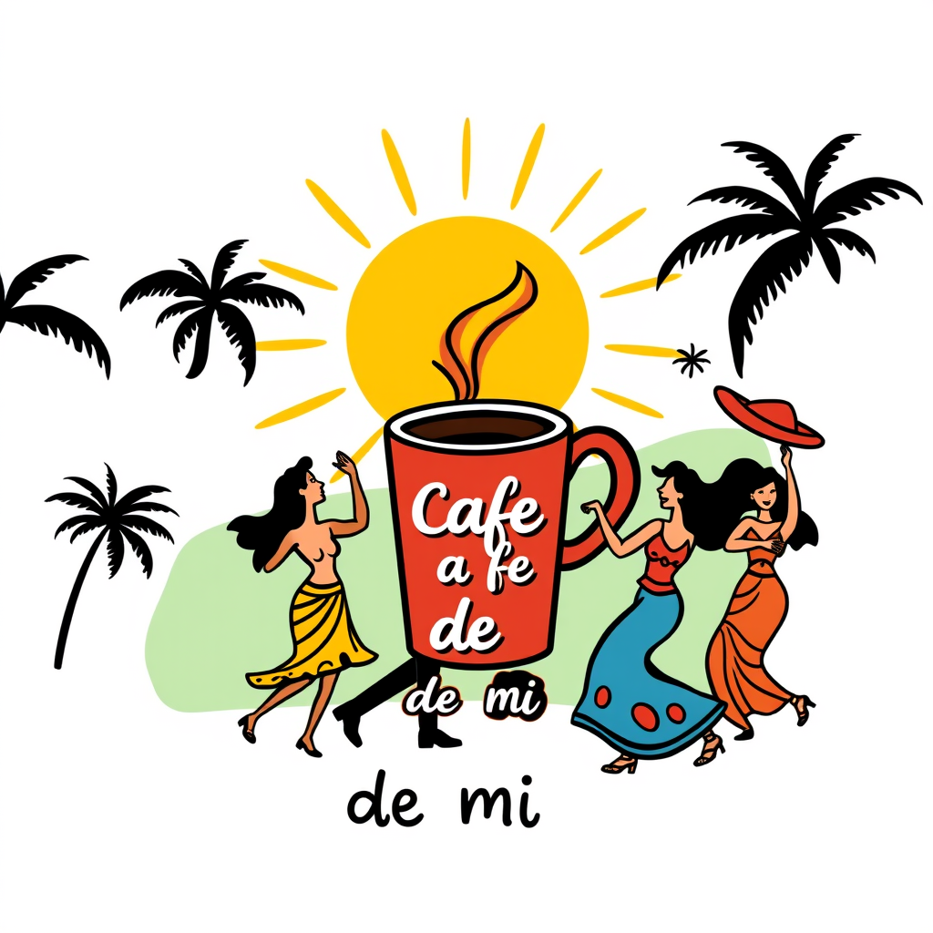Cartoon Logo idea: cartoon style logo for Create cafe de mi tierra into a Latin culture vibe make it very colorful add a coffee cup and add the sun shining while people 
