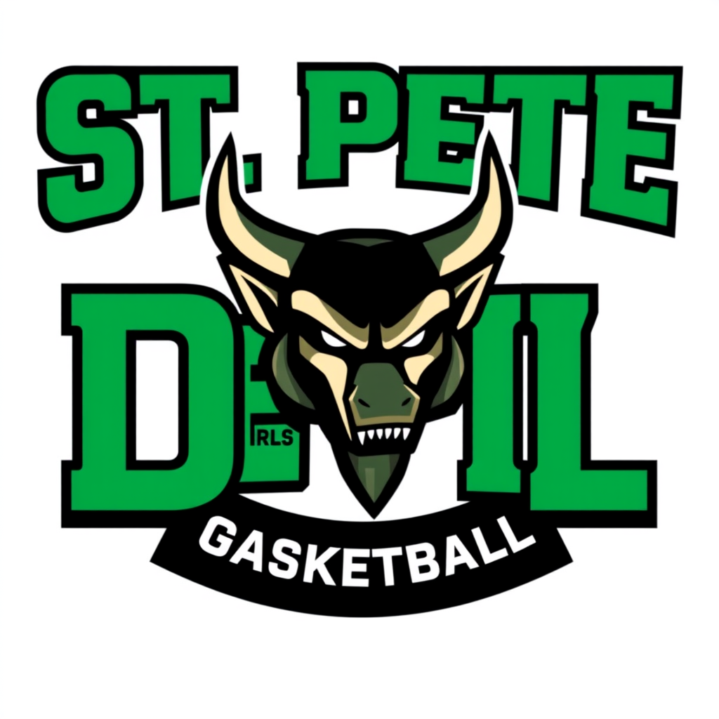 Wordmark Logo idea: wordmark logo of St. Pete Green Devil Girls Basketball - Green, black and cream colors , bold clean typography, flat vector logo, centered, solid whit