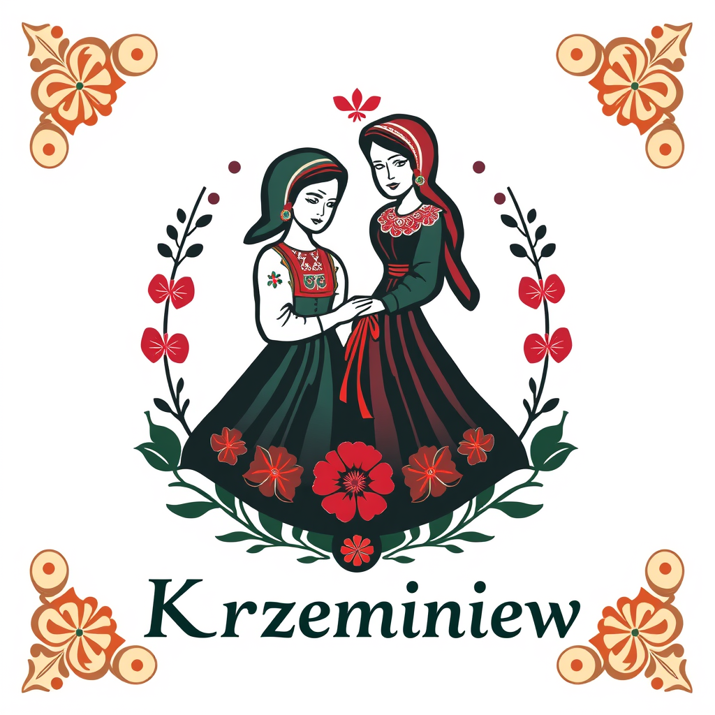 Main logo studio: Stwórz kolorowe, radosne logo dla „KGW Krzemieniew”. Polski folklor inspirowany wzorami łowickimi: barwne kwiaty, czerwone róże, zielone listki, ludow