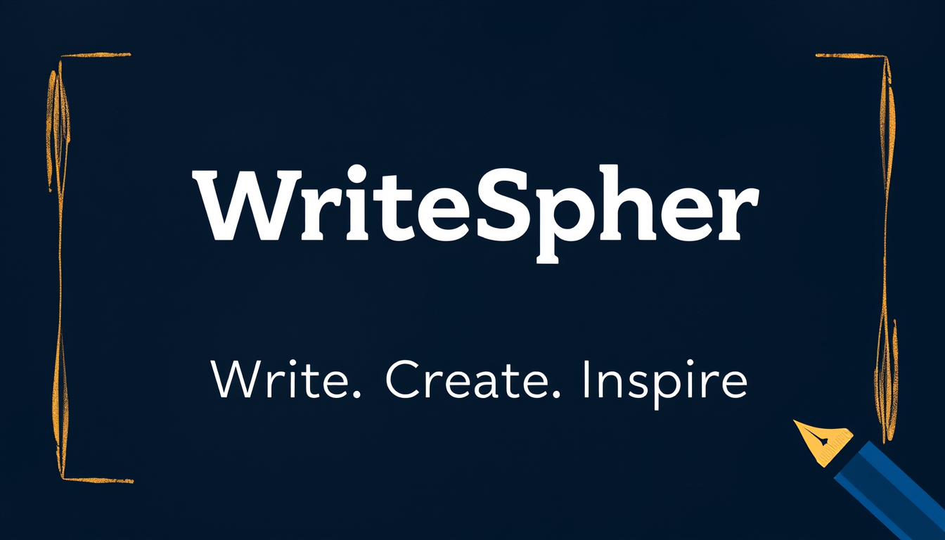 Main logo studio: YouTube banner 2560x1440. Write exactly “WriteSphere” in the center. Directly below, write exactly “Write. Create. Inspire.” Keep both lines small, ce