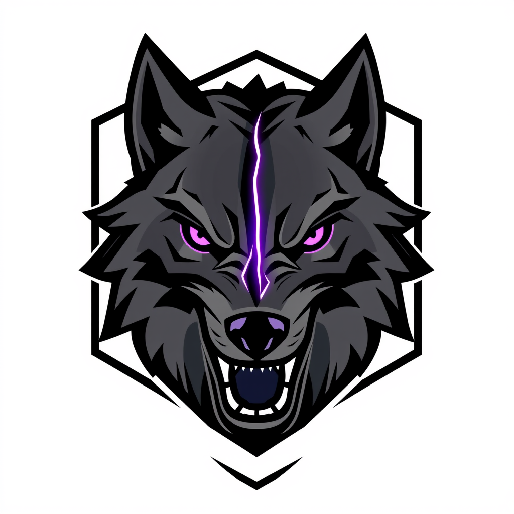 Main logo studio: Esports logo, front-facing symmetrical wolf head, mouth open snarling with sharp fangs, angular geometric fur lines. Head split by a jagged vertical r