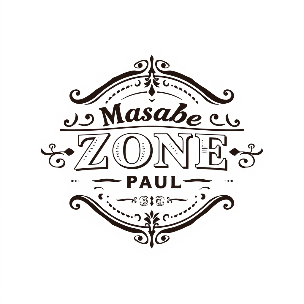 Vintage Logo idea: vintage retro logo for Masaba ZONE PAUL , classic retro design, aged typography, hand-drawn vintage illustration style, ornamental flourishes, weather