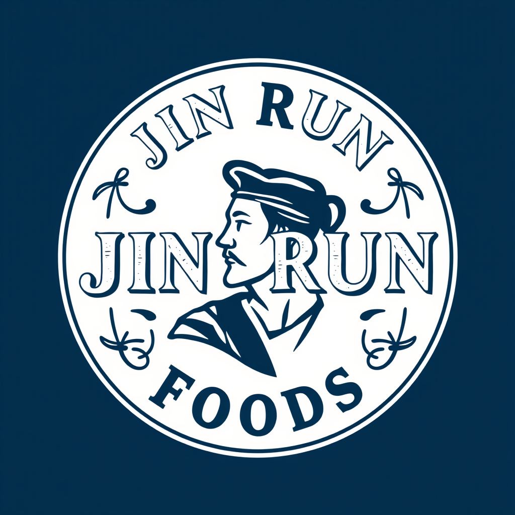 Vintage Logo idea: vintage retro logo for 金润 JIN RUN FOODS 金润 must in the logo round logo logo background navy blue human profile in the logo food shop , classic retro d