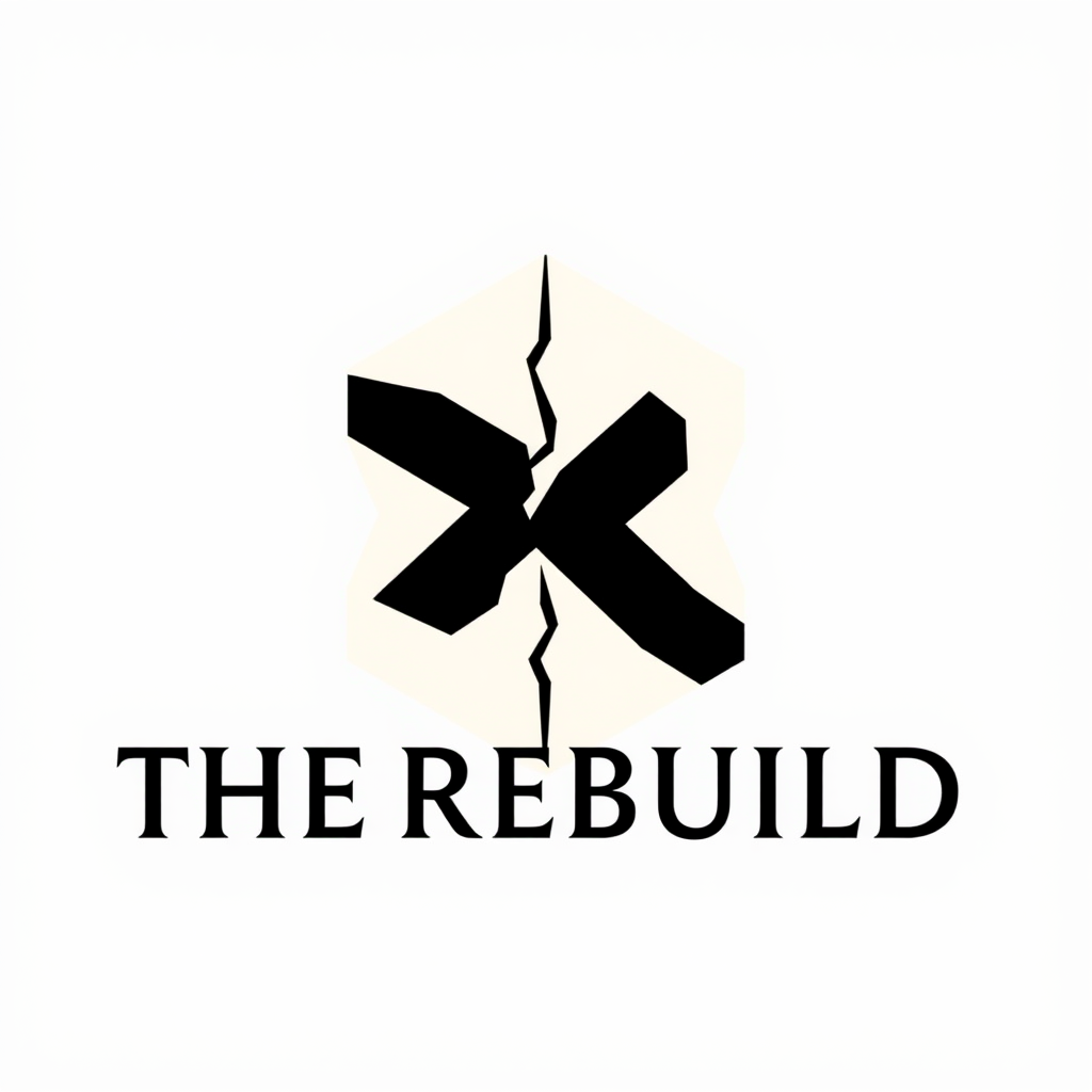 Main logo studio: Create an iconic luxury logo for THE REBUILD. Design a unique geometric emblem symbolizing transformation: fractured forms merging into one powerful, 