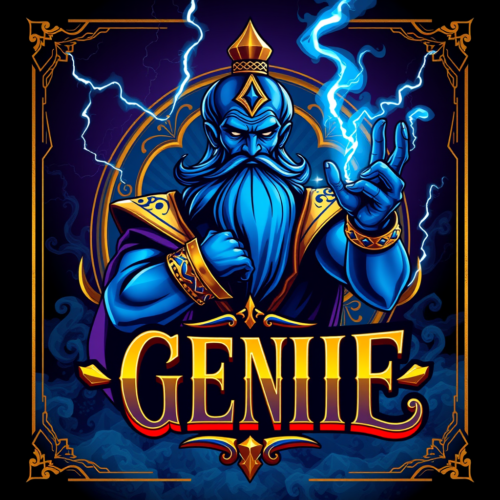 Main logo studio: “A bold, detailed Norwegian graduation group logo called GENIE, inspired by a magical Arabian fantasy theme. A blue magical genie character as the mai