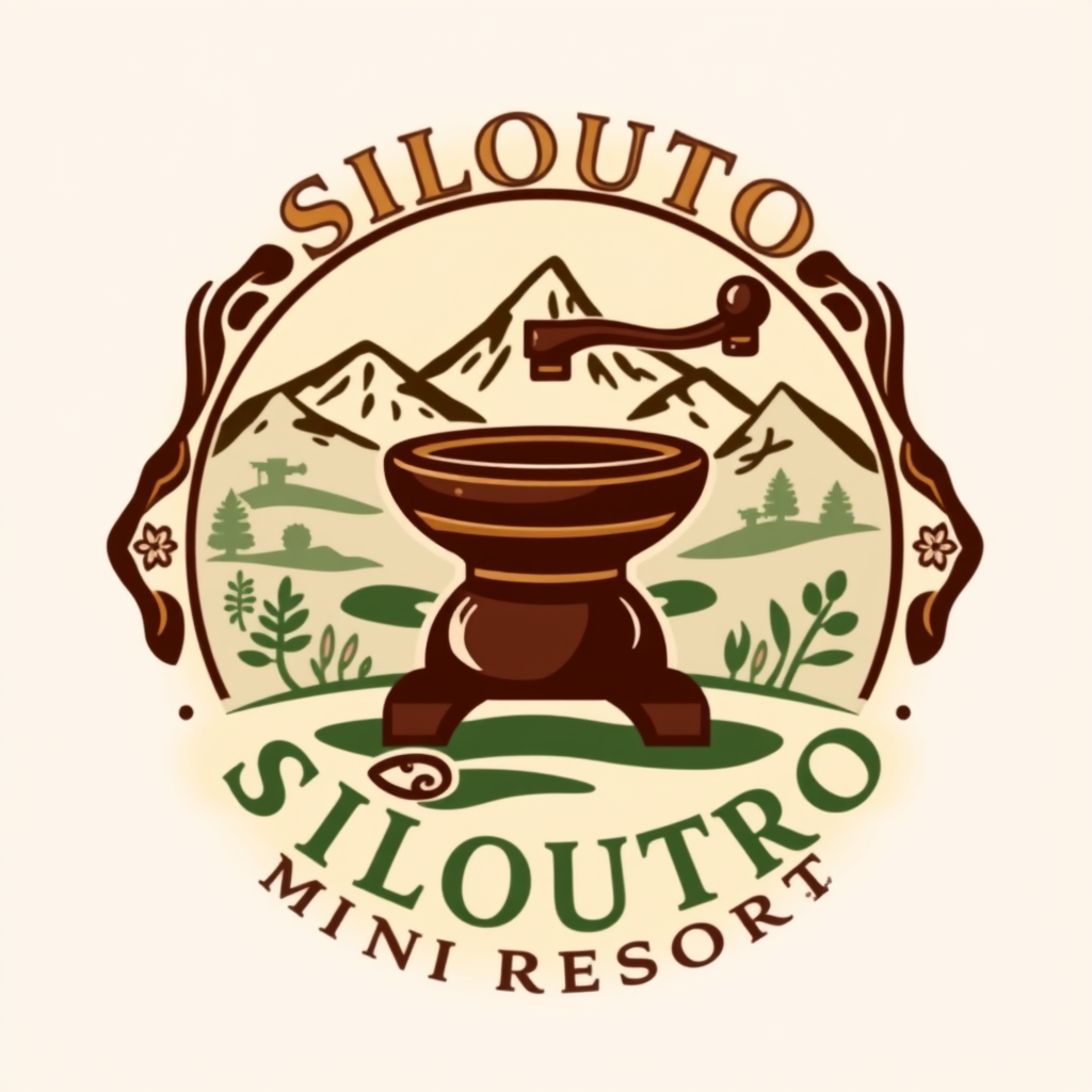 Main logo studio: Create a premium vintage Asian-inspired logo for SILOUTO AGRO MINI RESORT. Include a traditional Nepali stone grinder (silauto), mountains, greenery a