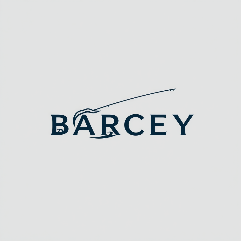 Main logo studio: Create a premium minimalist outdoor fishing brand logo for “BARCEY” simple line for waves and use a stormy solid color backgron