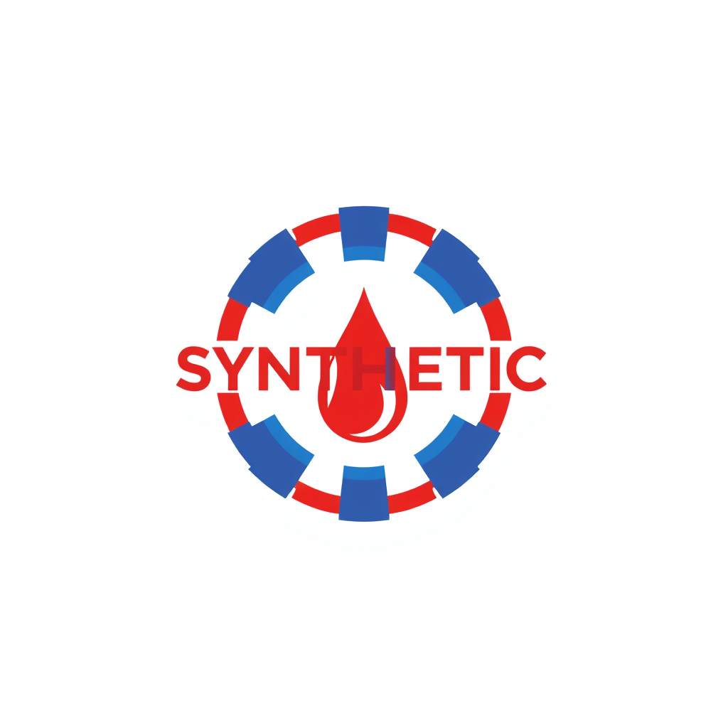 Minimalist Logo idea: minimalist logo, simple geometric mark for Synthetic Distribution LLC - gear icon with oil drop, red and blue colors, bold professional automotive sty