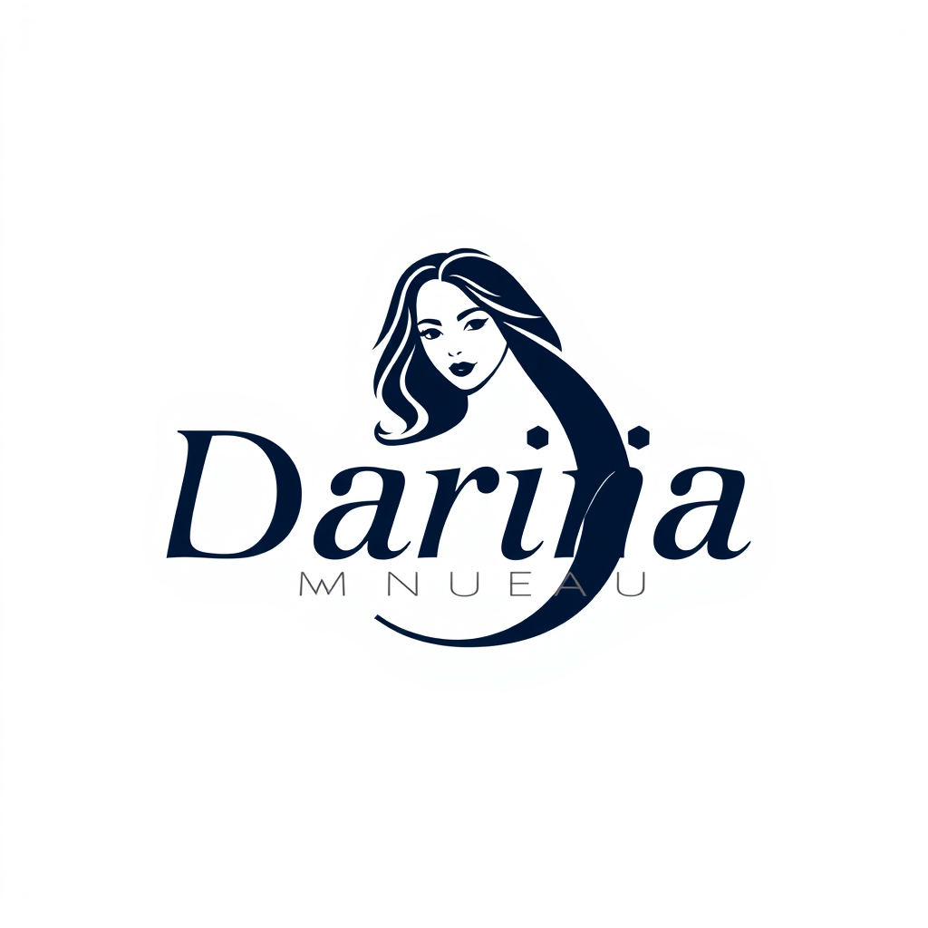 Wordmark Logo idea: wordmark logo of " Daria Munteanu " e brandul iar stilul e luxury caligrafic design , bold clean typography, flat vector logo, centered, solid white b