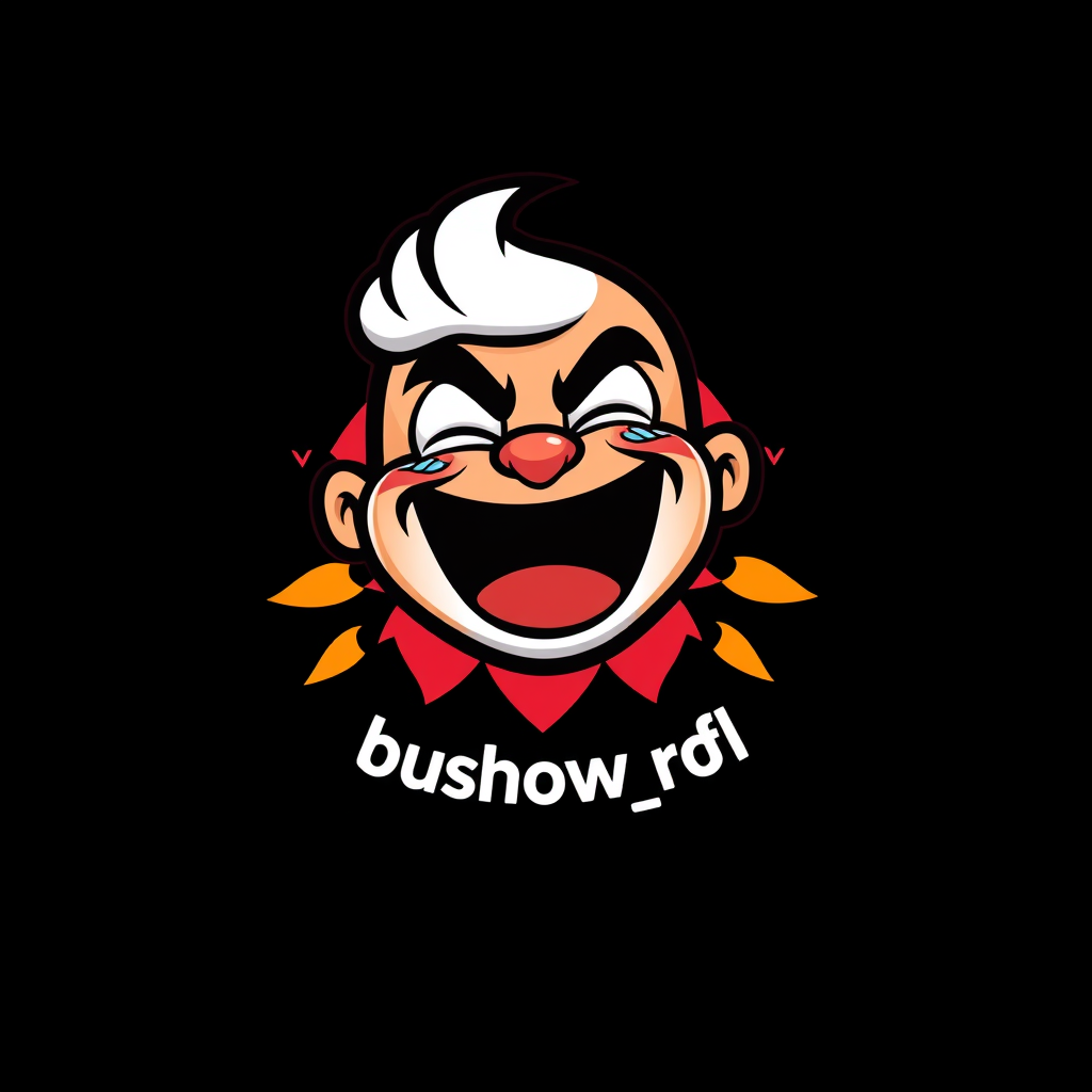 Main logo studio: Design a bold, hilarious TikTok profile logo for the account "abushow_rofl". Create an expressive cartoon mascot with an exaggerated laughing face, te