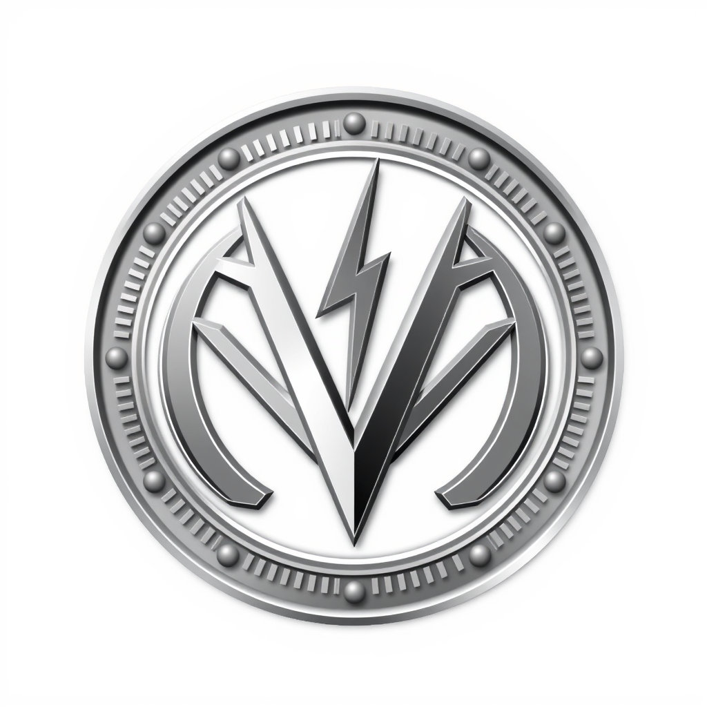 Emblem Logo idea: emblem logo of A round automotive emblem with a lightning bolt and a stylized V inside, finished in metallic gray. , intricate crest seal badge design