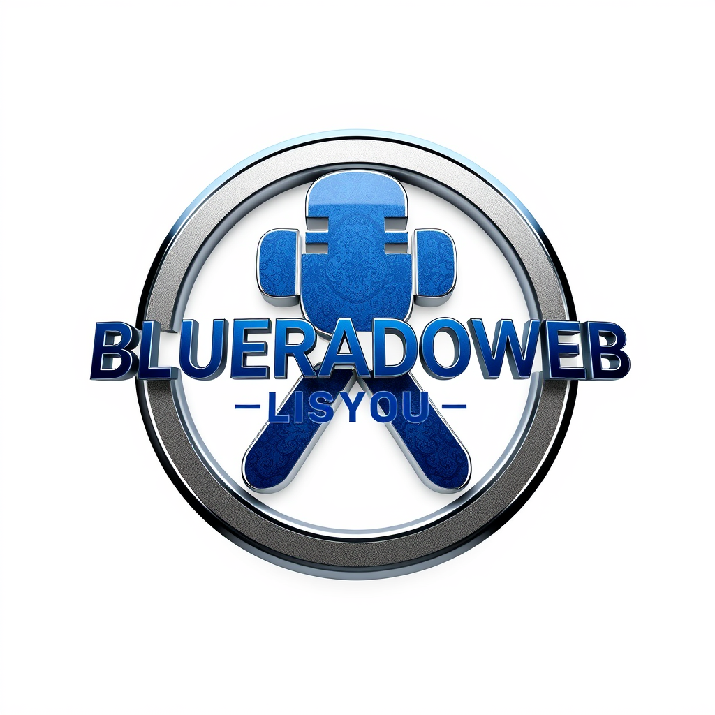 3D Logo idea: 3D logo for BLUERADIOWEB LISTEN TO YOUR MUSIC , three-dimensional render, realistic depth and shadows, glossy or metallic surface, dramatic lighting, 