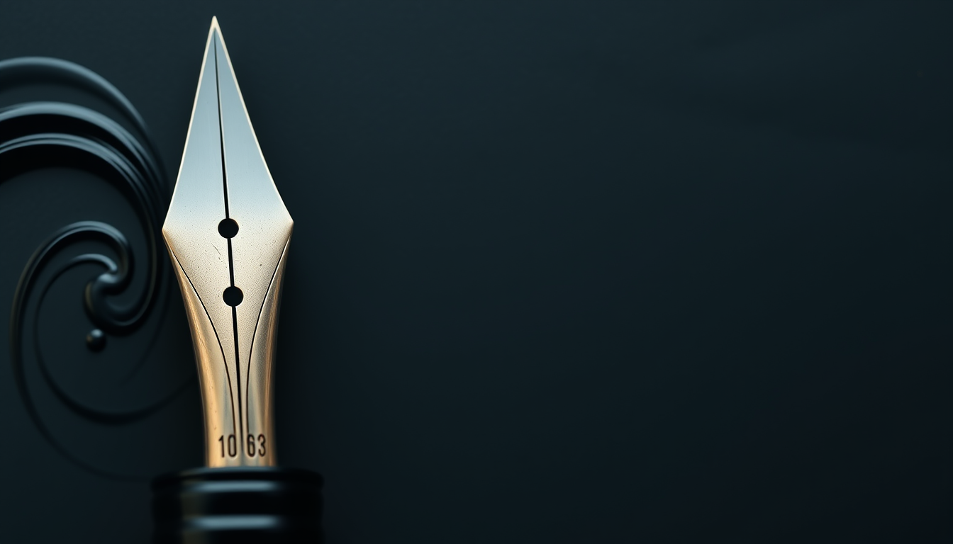 Main logo studio: Create a 2560x1440 YouTube banner with a large, detailed fountain pen nib as the main focal point on the LEFT side. Show visible black ink flowing fro