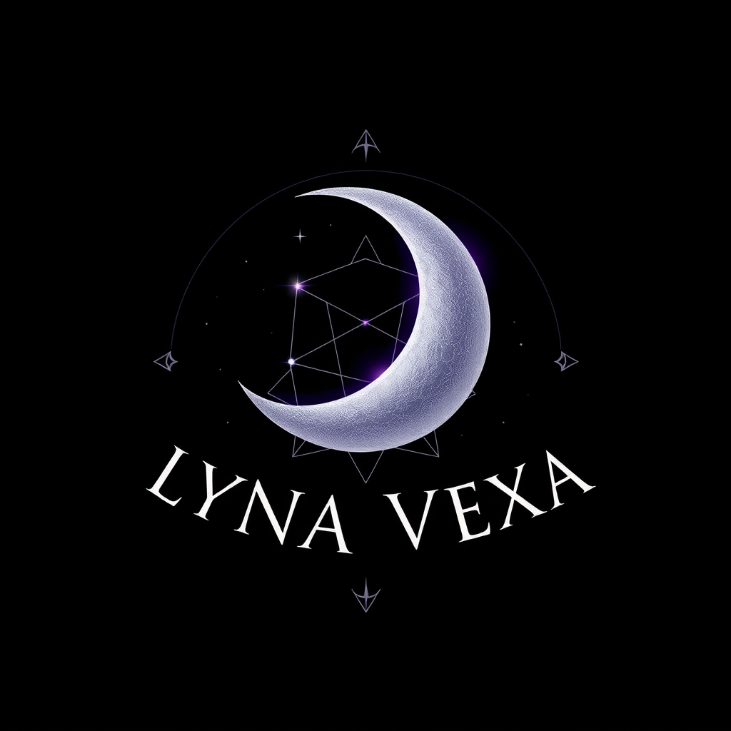 Main logo studio: A mysterious and luxurious cosmic logo for “LYNA VEXA”. Deep black background with a sleek crescent moon merged with a subtle shamanic celestial symbo