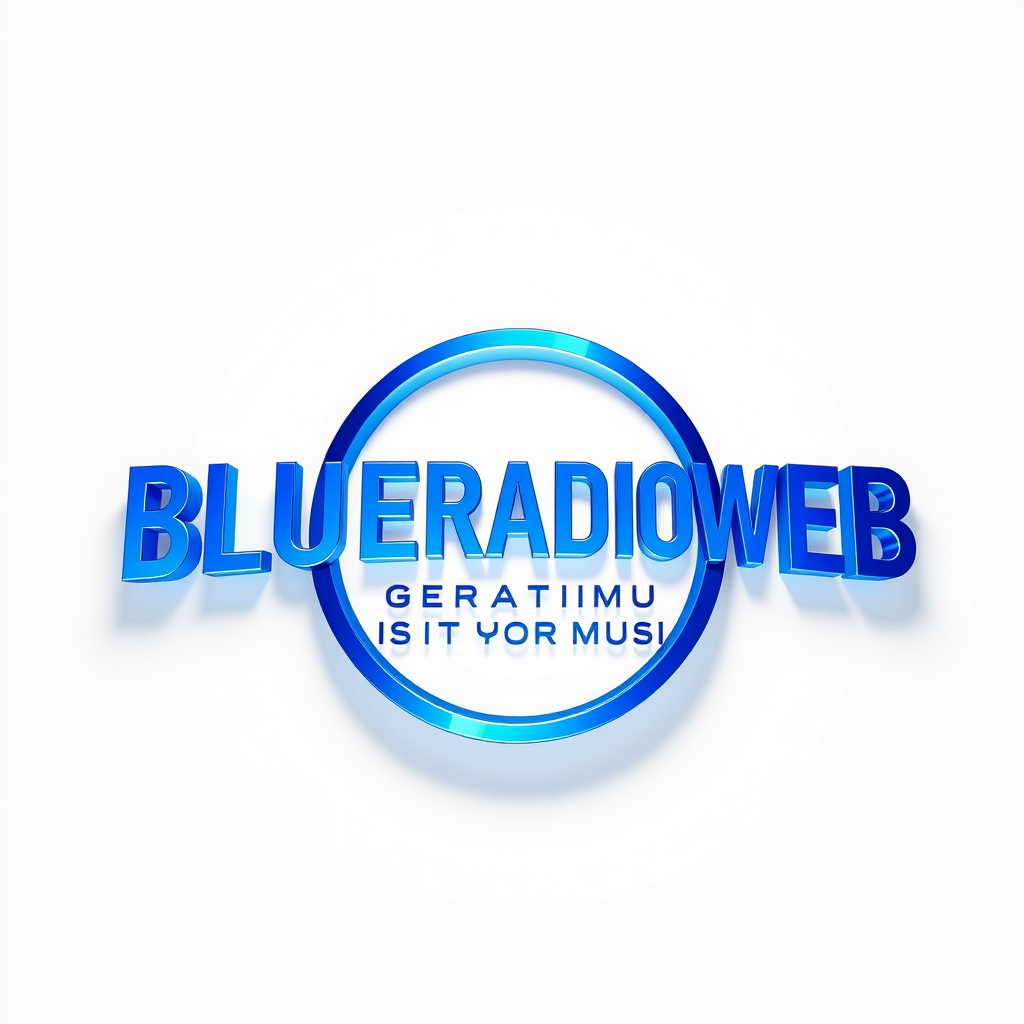 3D Logo idea: 3D logo for BLUERADIOWEB LISTEN TO YOUR MUSIC a music brand white bleu , three-dimensional render, realistic depth and shadows, glossy or metallic sur
