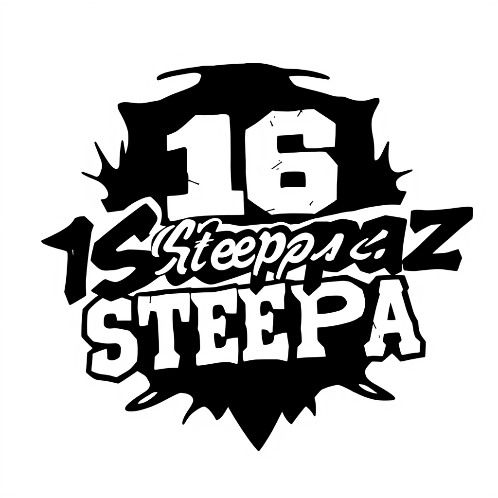 Main logo studio: Authentic American street crew logo for “16Steppaz”. Raw, human-designed look, inspired by underground streetwear and 2000s crew graphics. Bold custom