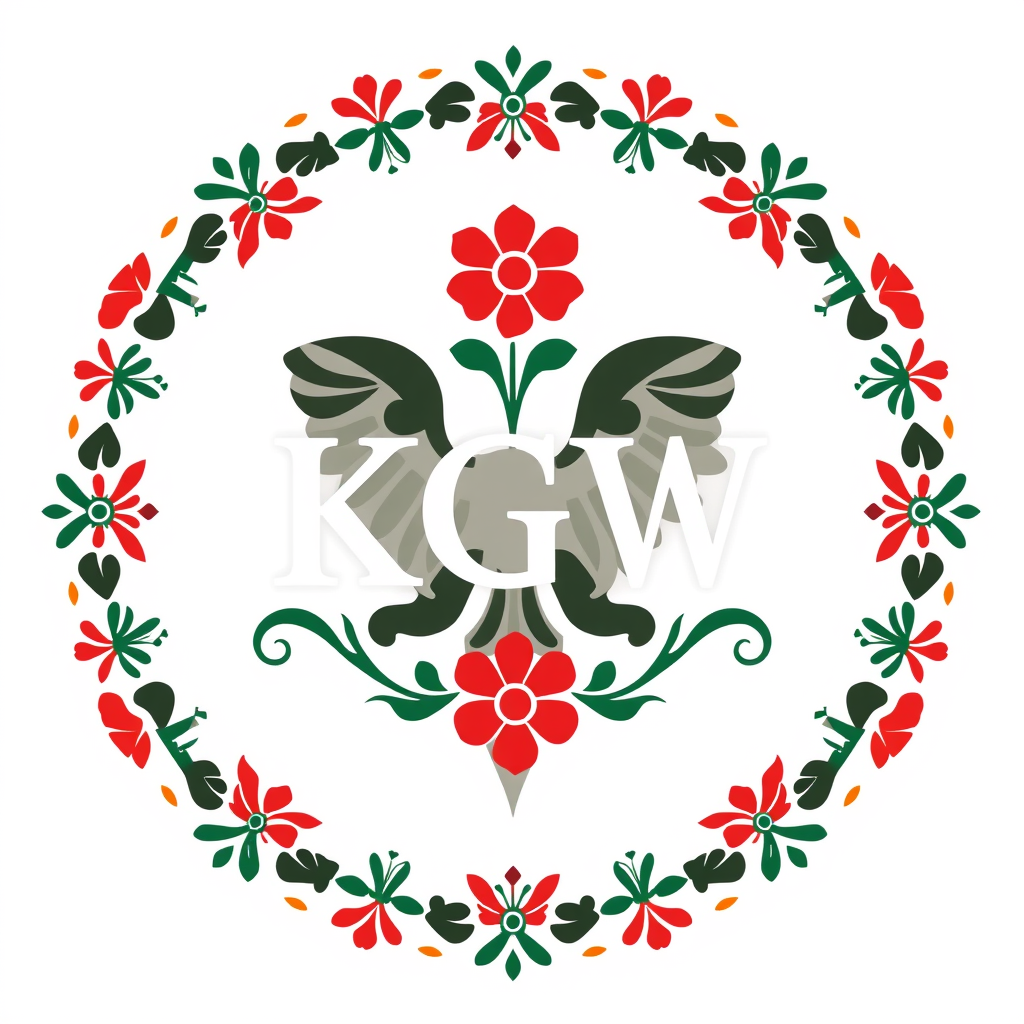 Main logo studio: Stwórz kolorowe, radosne logo dla „KGW Krzemieniew”. Polski folklor inspirowany wzorami łowickimi ornamentami i wycinankami. Uwzględnij czerwone róże