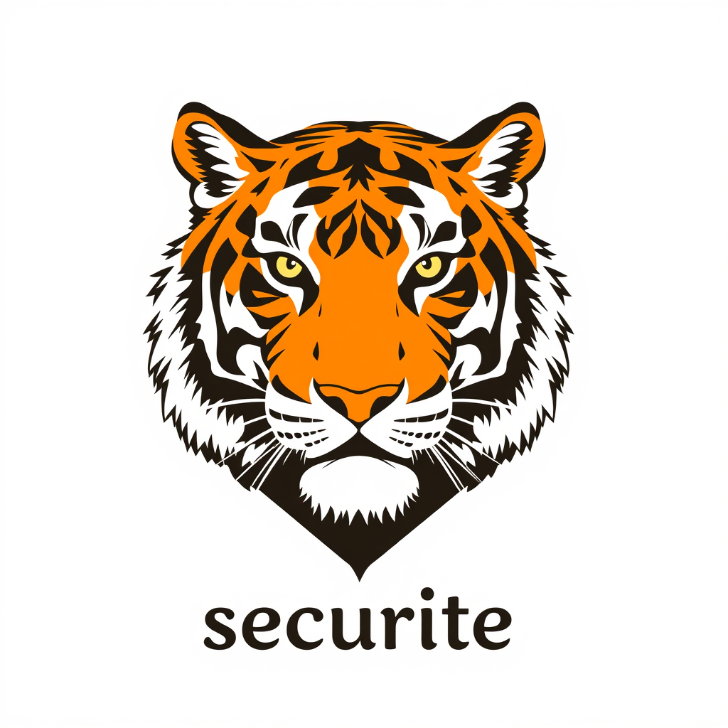 Main logo studio: logo de tigre sur fonds blanc avec couleur orange ; ecrit "tigre securite" en dessous tigre plus réel lettre capitales meme image mais juste la tete, 