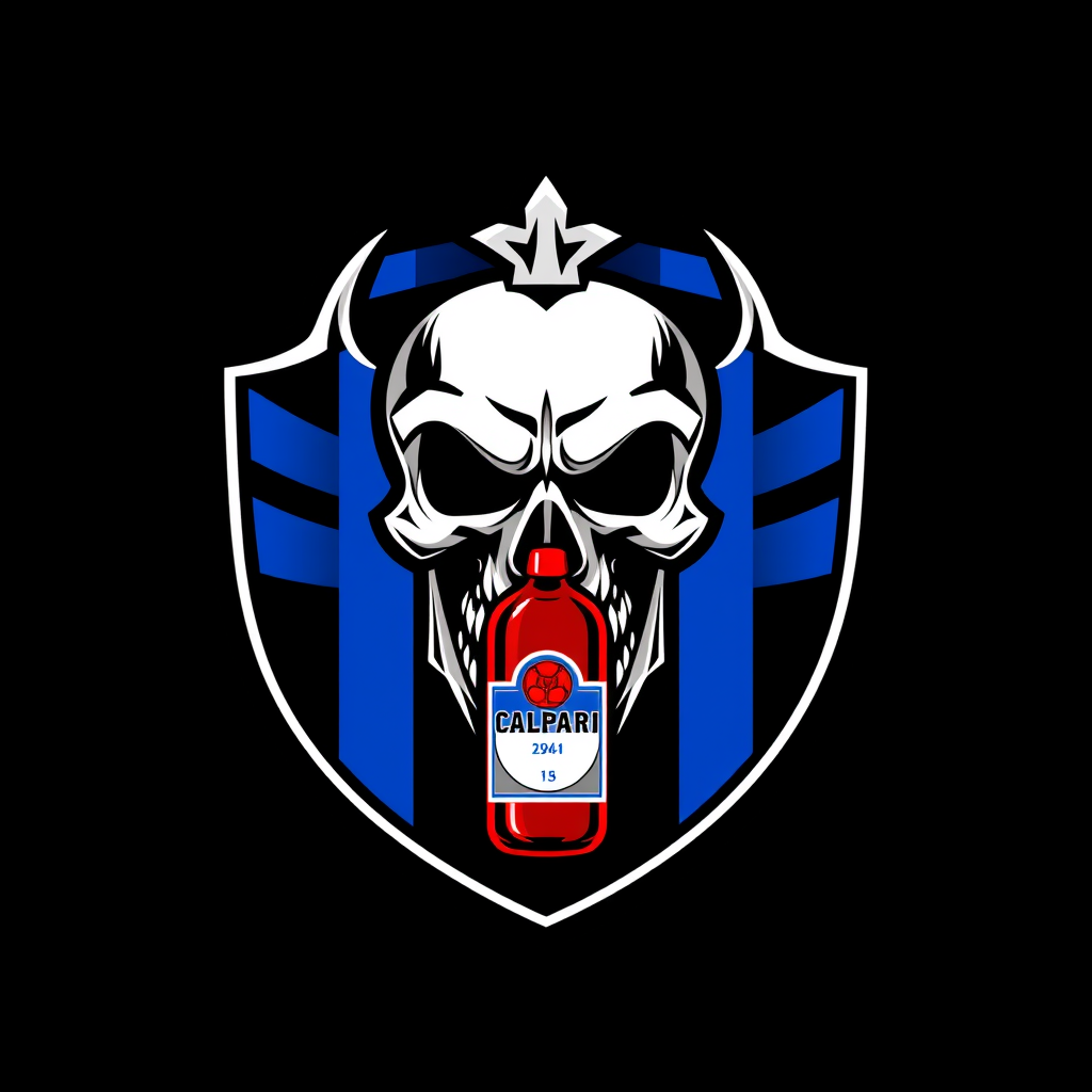 Main logo studio: ATLETICO CAMPARI — professional Italian football fantasy team crest, intimidating skull mascot, small red Campari bottle integrated into the emblem, d