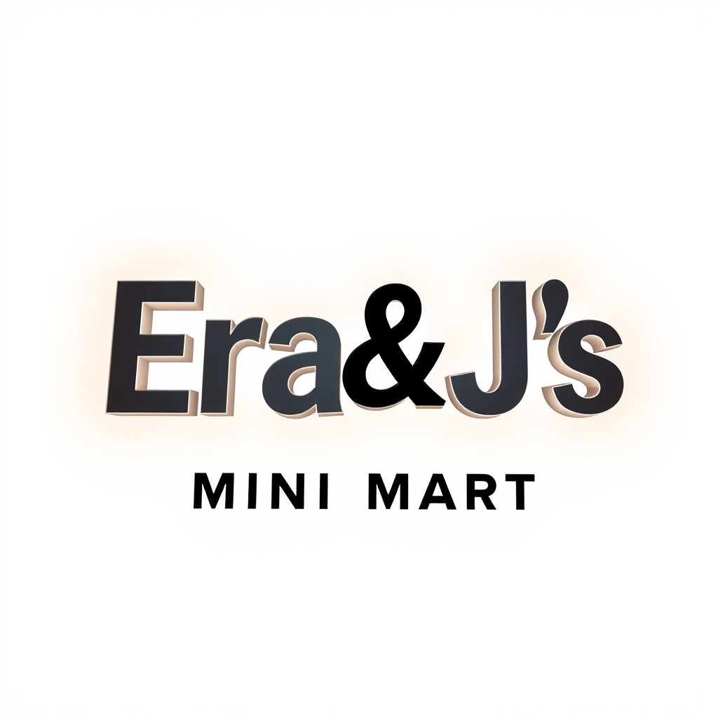 3D Logo idea: 3D logo for Era and J's mini mart , three-dimensional render, realistic depth and shadows, glossy or metallic surface, dramatic lighting, centered com