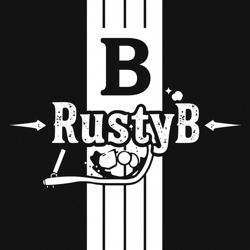 Main logo studio: "RustyB" on black and White, with a beautiful font, motorbike style font