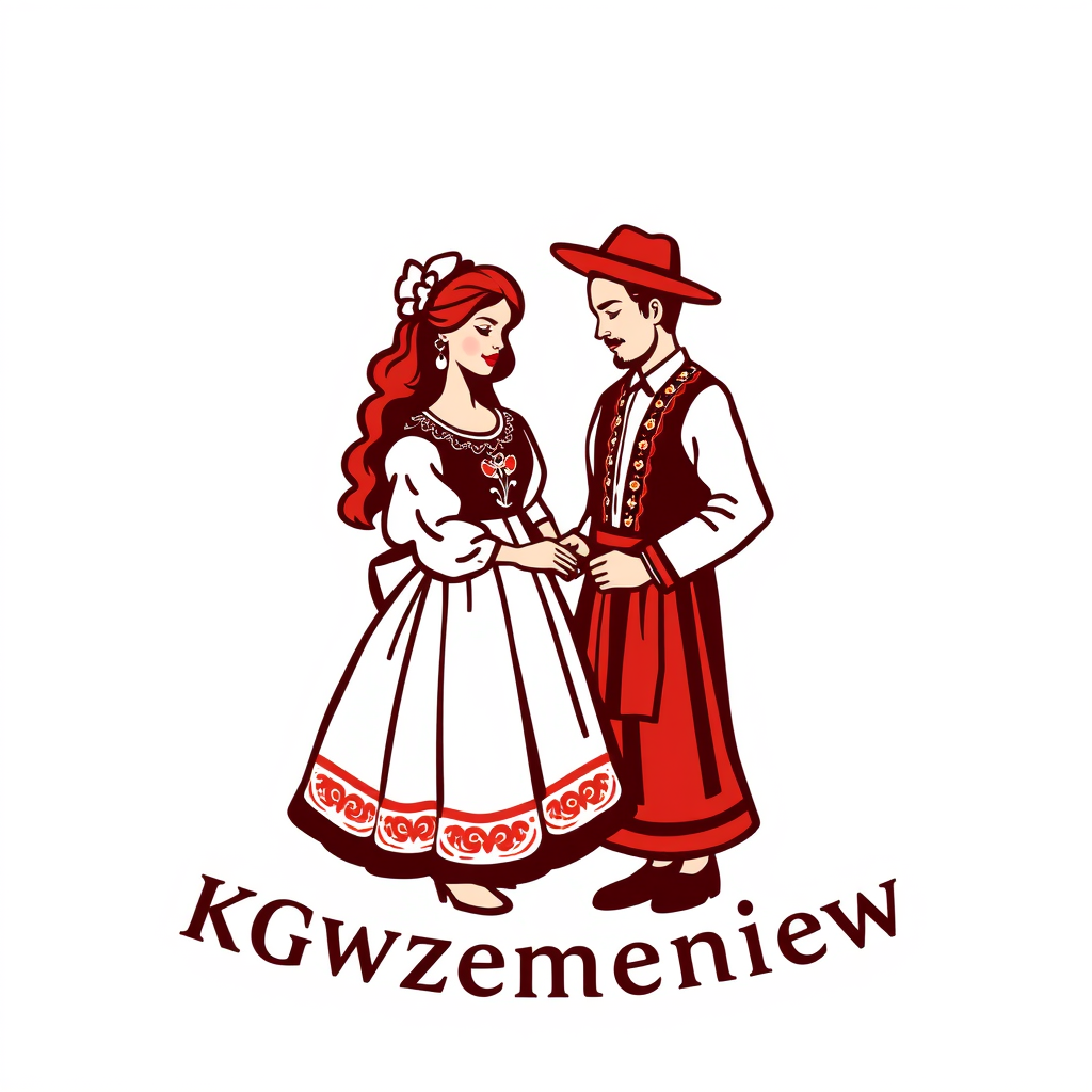 Main logo studio: Stwórz kolorowe, radosne logo na białym tle dla „KGW Krzemieniew”. Polski folklor inspirowany wzorami łowickimi. Dodaj stylizowaną wiejską kobietę w s