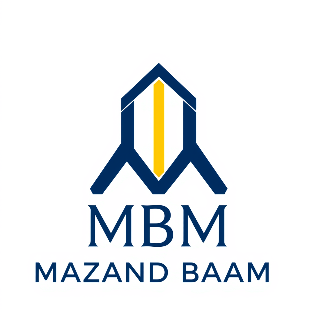 Main logo studio: MBM logo for MAZAND BAAM. Short M, tall center B like a pitched roof, short M. Geometric architectural monogram. WHITE BACKGROUND. Use navy blue, yell