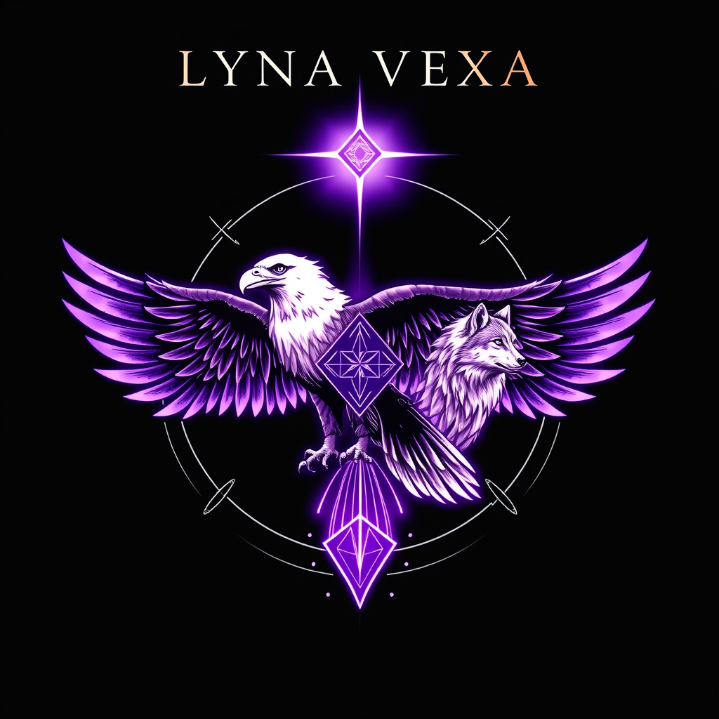 Main logo studio: Black background, LYNA VEXA in thin elegant white letters. A majestic condor as the main symbol, representing love, freedom and spiritual wisdom, with