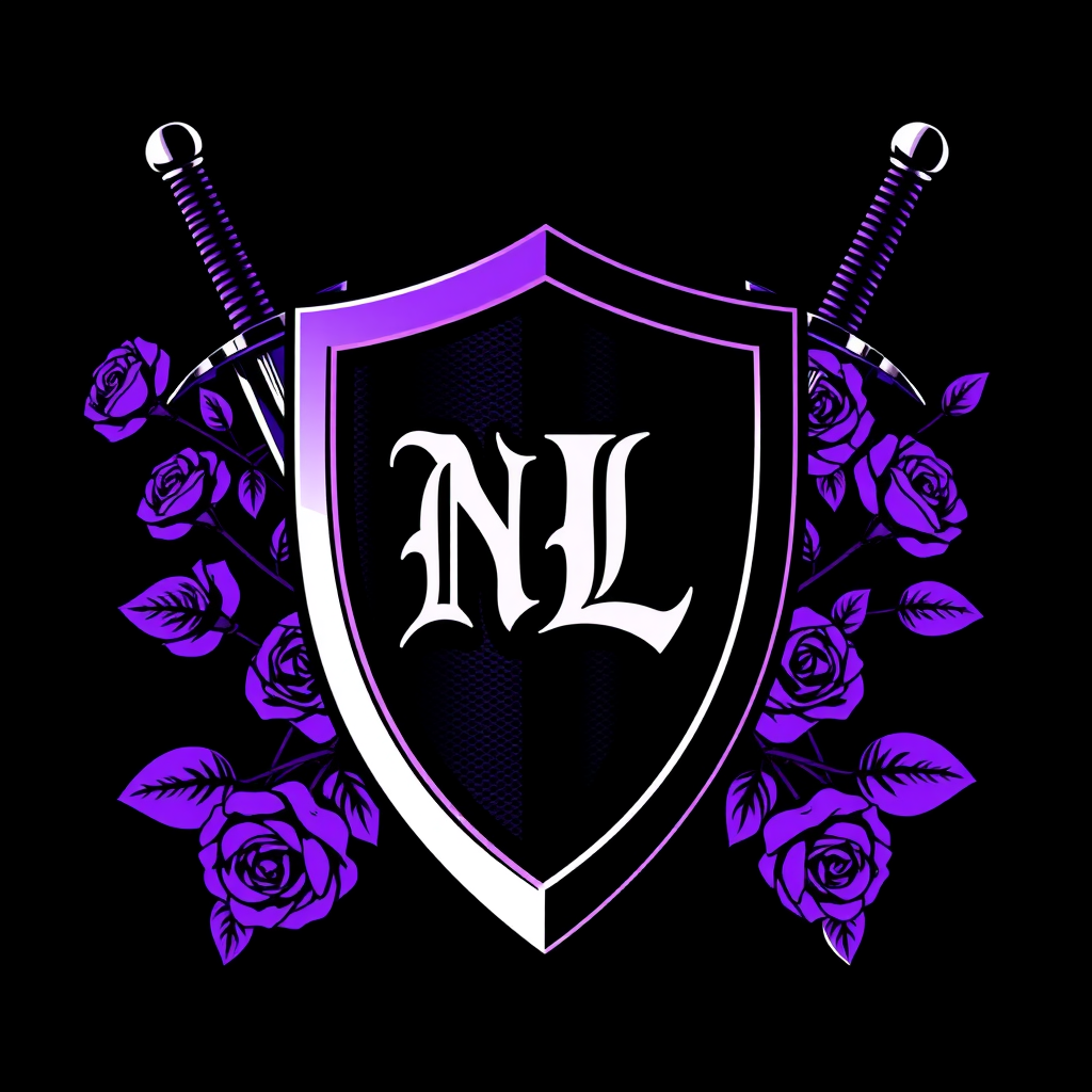 Main logo studio: I have a dj group named Nght-Lyfe and our main color is purple and black. I want to incorporate two swords maybe wrapped in the stems of rose bushes w