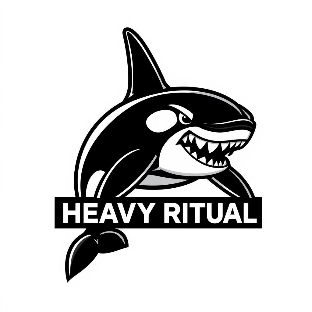 Main logo studio: Bold aggressive orca mascot emblem for HEAVY RITUAL, hardcore bodybuilding brand, powerful killer whale, tall dorsal fin, intimidating expression, bla