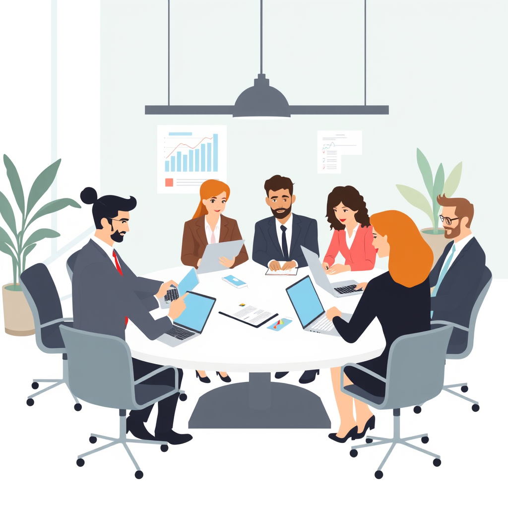 Main logo studio: Create a clean flat vector illustration of a diverse business team having a professional meeting in a modern office. Include laptops, documents, prese