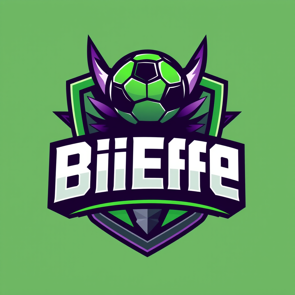 Main logo studio: Create a fierce fantasy football logo for "BiEffe". A powerful shield badge in green and purple, with a dynamic soccer ball, sharp edges and a champio