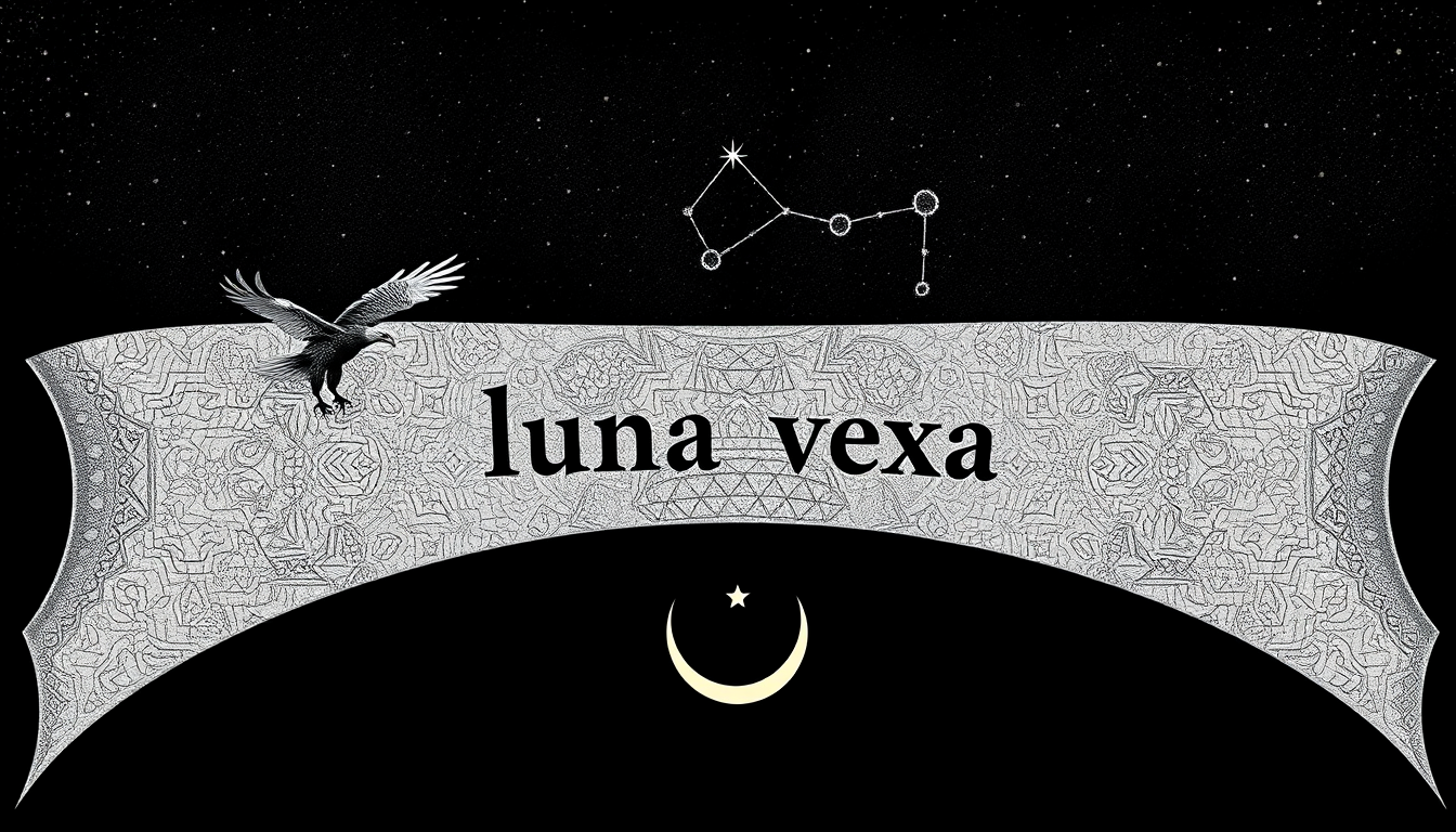 Main logo studio: Wide mystical banner, small “luna vexa” in lowercase. Directly above the title: a small condor, small wolf, and one small star. Crescent moon, constel