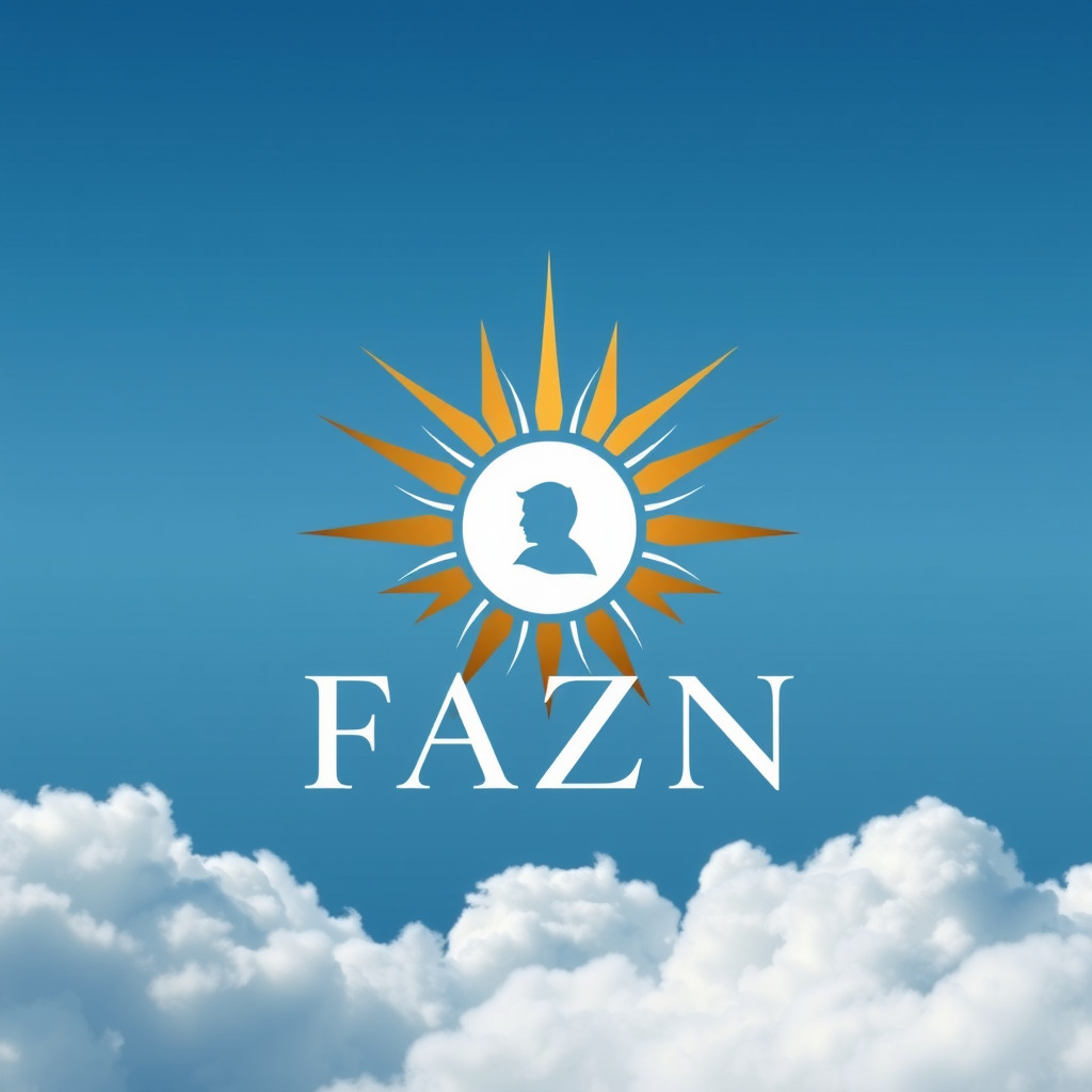 Main logo studio: Design a premium luxury logo for “FAZN”. A minimalist sun with a subtle metallic shine, sky background, elegant typography, sophisticated and expensiv