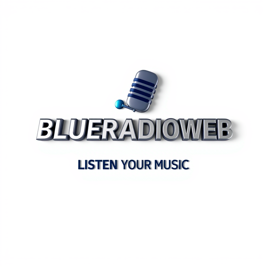 3D Logo idea: 3D logo for Générer un logo 3D BLUERADIOWEB avec le slogan LISTEN TO YOUR MUSIC , three-dimensional render, realistic depth and shadows, glossy or met