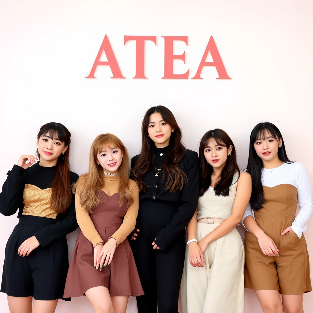 Main logo studio: K-pop group called ATEA with colours Chai Caramel #B98663 Strawberry Milk #F1C5D3 Oat Cream #F4EBDD Midnight Tea #49352F