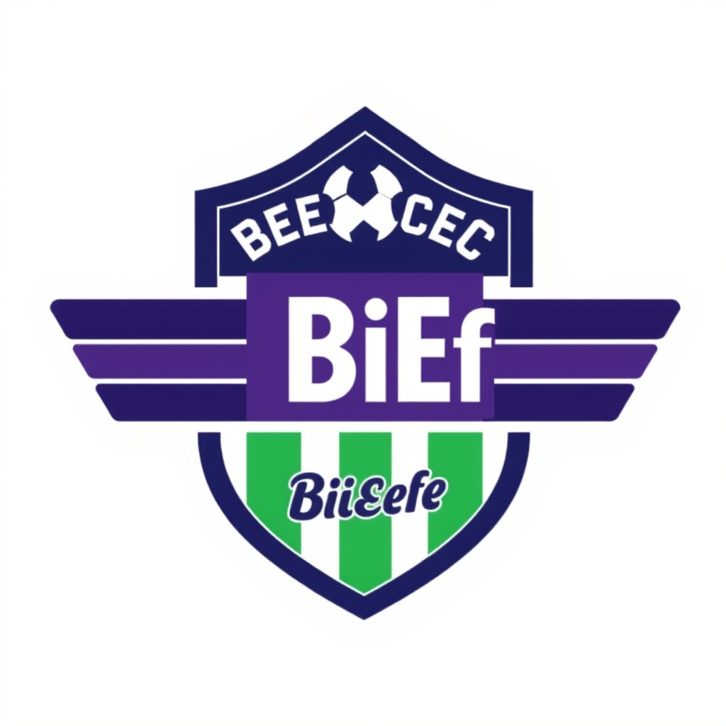 Main logo studio: logo squadra fantacalcio moderno , bordi spessi, scritta "BiEffe", colori sociali verde e viola e un pallone nel logo